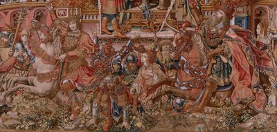 Vlámský gobelín. Seriál Vyznamenání. Sláva (La Fama). Třetí tapisérie v sérii. Modelové karikaturisty z okruhu Bernarda van Orleyho a Jana Gossaerta (Mabuse). Výroba Pieter van Aelst, Brusel. Cca 1550. Látka Zlato, stříbro, hedvábí a vlna. od Bernard van Orley