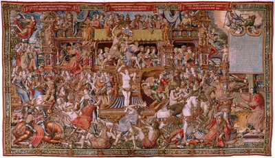 Vlámský gobelín. Seriál Vyznamenání. Hanba (La Infamia). Šestá tapisérie v sérii. Modelové karikaturisty z okruhu Bernarda van Orleyho a Jana Gossaerta (Mabuse). Výroba Pieter van Aelst, Brusel. Cca 1550. Látka Zlato, stříbro, hedvábí a vlna. od Bernard van Orley