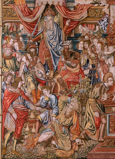 Vlámský gobelín. série The Honors; Šlechta (La Nobleza). Čtvrtá tapisérie v sérii. Modelové karikaturisty z okruhu Bernarda van Orleyho a Jana Gossaerta (Mabuse). Výroba Pieter van Aelst, Brusel. Cca 1550. Látka Zlato, stříbro, hedvábí a woo od Bernard van Orley