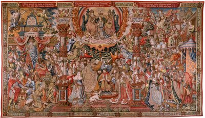 Vlámský gobelín. série The Honors; Šlechta (La Nobleza). Čtvrtá tapisérie v sérii. Modelové karikaturisty z okruhu Bernarda van Orleyho a Jana Gossaerta (Mabuse). Výroba Pieter van Aelst, Brusel. Cca 1550. Látka Zlato, stříbro, hedvábí a woo od Bernard van Orley