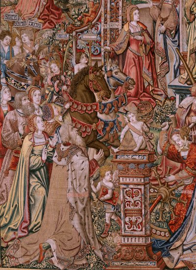 Vlámský gobelín. série The Honors; Prudence (La Prudencia). Sedmá tapisérie v sérii. Modelové karikaturisty z okruhu Bernarda van Orleyho a Jana Gossaerta (Mabuse). Výroba Pieter van Aelst, Brusel. Ca 1550. Tkanina Zlato, stříbro, hedvábí a w od Bernard van Orley