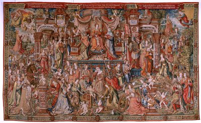 Vlámský gobelín. série The Honors; Prudence (La Prudencia). Sedmá tapisérie v sérii. Modelové karikaturisty z okruhu Bernarda van Orleyho a Jana Gossaerta (Mabuse). Výroba Pieter van Aelst, Brusel. Cca 1550. Tkanina Zlato, stříbro, hedvábí a w od Bernard van Orley