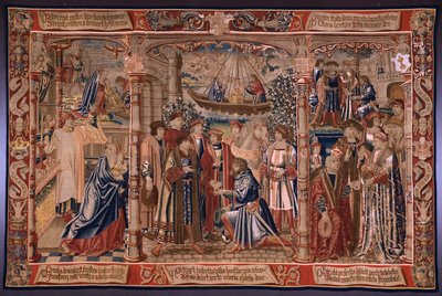 Vlámský gobelín. Série Legenda o Madoně ze Sablonu (The Legend of Our Lady of the Sablon). Socha Madony přichází do kostela Sablon (socha Panny Marie je převezena do kostela Sablon, La Estatua de od Bernard van Orley