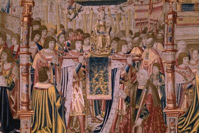 Vlámský gobelín. Série Legenda o Madoně ze Sablonu (The Legend of Our Lady of the Sablon). Příjezd sochy Madony. Výroba v Bruselu. Karikaturista Barend van Orley od Bernard van Orley