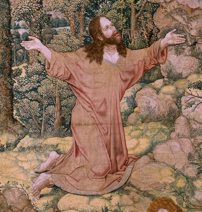 Vlámský gobelín. Seriál Umučení Krista. Kristus na hoře Olivetské. Výroba Pieter de Pannemaeker, Brusel. Karikaturista Barend van Orley. asi 1518-1522. od Bernard van Orley