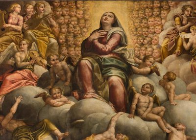 Apsida, oltářní obraz od Bernardina Gattiho s názvem Il Sojaro dokončený Giovanni Battista Trotti s názvem IL Malosso, Nanebevzetí Panny Marie od Bernardino Gatti