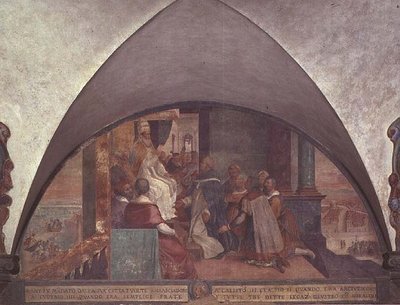 Svatý Antonín se představuje papeži Eugeniovi III. jako velvyslanec, luneta (freska) od Bernardino Barbatelli Poccetti