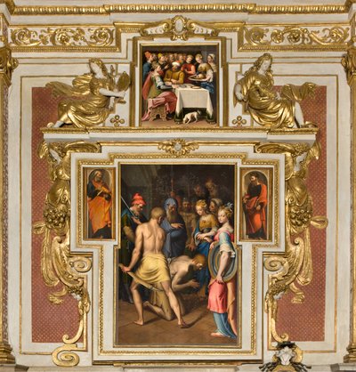 Kaple Panny Marie lidu, druhé pole severní strana, Bernardino Campi, Dekolace Křtitele 1569, Po stranách sv. Petr a sv. Pavel 1520-30, Bernardino Campi, Herodova hostina 1569 od Bernardino Campi