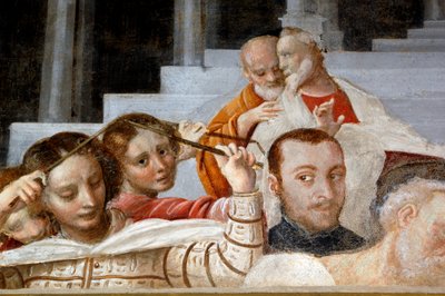 Mužské a ženské postavy, detail z cyklu Panny Marie (1553), freska od Bernardina Lanina (1512-1583), spodní sakristie v katedrále Novara, Piemont, Itálie od Bernardino Lanino