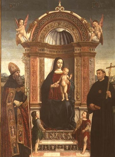 Madona s dítětem se svatým Mikulášem z Tolentina a svatým Augustinem od Bernardino Loschi