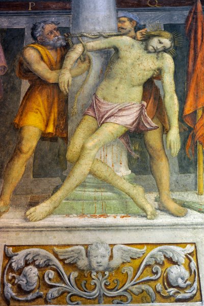 Ježíš přivázaný ke sloupu, freska Bernardina Luiniho v kostele svatého Maurice v klášteře Maggiore, Milán, Lombardie, Itálie od Bernardino Luini