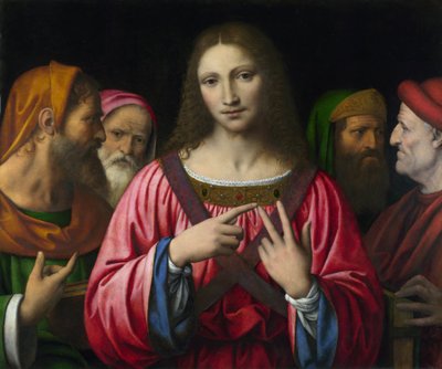 ""Kristus a doktoři zákona"" Obraz Bernardina Luiniho (1481-1532), cca 1515-1530 Rozměr 72,4x85,7 cm Londýn, Národní galerie - Luini, Bernardino (asi 1480-1532) Kristus mezi lékaři Olej na dřevě c. Národní galerie 1520, Londýn 72,4x85,7 od Bernardino Luini