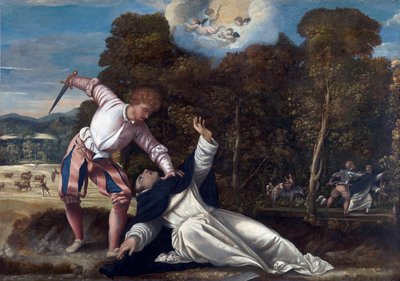 Smrt svatého Petra z Verony - obraz připisovaný Bernardinu da Asola (aktivní 1525-1550), olej na plátně (102x144,8 cm), cca 1540 - (Smrt svatého Petra mučedníka, olej na plátně Bernardino da Asola od Bernardino da Asola