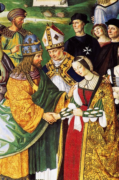 Aeneas Sylvius, biskup ze Sieny, představuje císaři Fridrichovi III. jeho budoucí manželku Eleonoru Aragonskou od Bernardino di Betto Pinturicchio