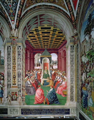 Aeneas Sylvius Piccolomini (1405-64) učinil akt podřízení se papeži Evženu IV. (1383-1447) 7. února od Bernardino di Betto Pinturicchio