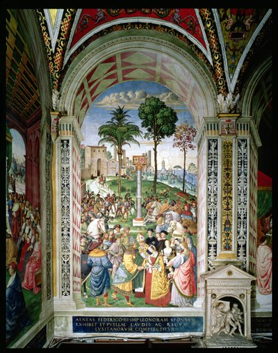 Aeneas Sylvius Piccolomini (1405-64) představuje Eleonoru Aragonskou Fridrichu III. (1415-93) 24. února 1452 (freska) od Bernardino di Betto Pinturicchio