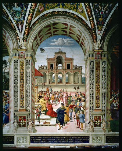 Aeneas Sylvius Piccolomini (1405-64) je korunovaný básník, laureát Fredericka III. (1415-93) v roce 1442 od Bernardino di Betto Pinturicchio
