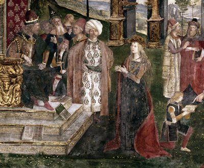 Detail sporu sv. Kateřiny Alexandrijské s filozofem, před římským císařem Maxentiem od Bernardino di Betto Pinturicchio