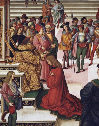 Enea Silvio Piccolomini (Pius II.) korunovaný císařem Fridrichem III. Detail - Freska od Bernardino di Betto Pinturicchio