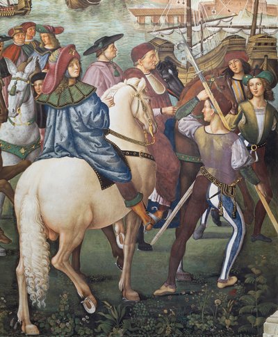 Enea Silvio Piccolomini odjíždí do Basileje ve funkci sekretáře biskupa z Ferrary, detail z Příběhů Pia II. od Bernardino di Betto Pinturicchio