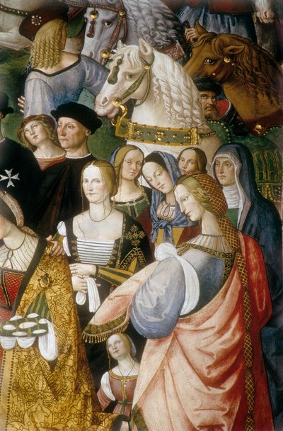 Enee Silvio Piccolomini představuje Eleonoru Portugalskou císaři Fridrichu III. Svaté říše u Camollia Gate v Sieně, detail (freska) od Bernardino di Betto Pinturicchio