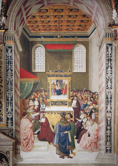 Itálie, Siena, Katedrála, Piccolomini Library, Enea Silvio Piccolomini přebírá kardinálský klobouk od Calixta III., detail z Příběhů Pia II. od Bernardino di Betto Pinturicchio