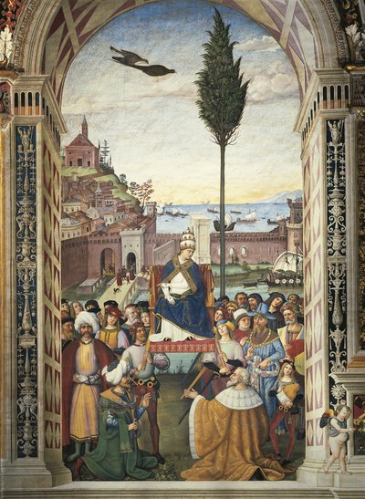 Itálie, Siena, Katedrála, Knihovna Piccolomini, Příběhy Pia II.: Pius II. přijíždí do Ancony, aby urychlil křížovou výpravu od Bernardino di Betto Pinturicchio