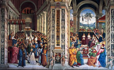 Pius II přijíždí do Ancony, aby zahájil křížovou výpravu (16. století), freska od Pinturicchio (1452-1513), knihovna Piccolomini, katedrála Siena, Toskánsko, Itálie od Bernardino di Betto Pinturicchio