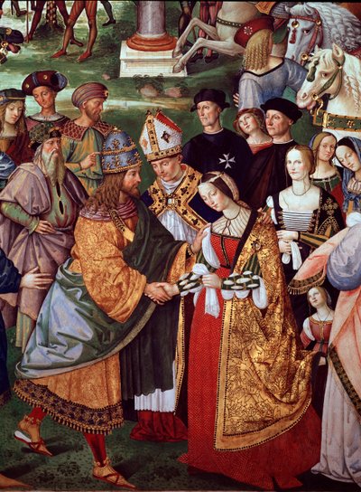 Básník Enee Silvio Piccolomini představuje Eleonoru Portugalskou císaři Fridrichu III. Svaté říše u Camollia Gate. Detail života papeže Pia II. (Freska od Bernardino di Betto Pinturicchio