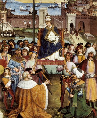 Papež Pio (Pius) II žehná flotilám před odjezdem z Ancony do Svaté země 15. srpna 1464, detail od Bernardino di Betto Pinturicchio