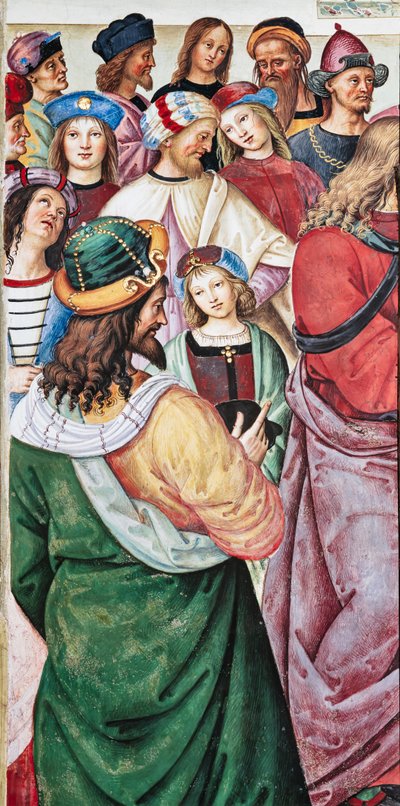 Knihovna Piccolomini, severovýchodní stěna: „Aeneas Sylvius pronáší řeč před skotským králem Jakubem I., zima 1435“ od Bernardino di Betto Pinturicchio