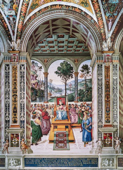 Knihovna Piccolomini, severovýchodní stěna: „Aeneas Sylvius pronáší řeč před skotským králem Jakubem I., zima 1435“ od Bernardino di Betto Pinturicchio
