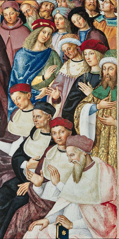 Knihovna Piccolomini, jihovýchodní stěna: „Aeneas Sylvius dostává kardinálův klobouk od papeže Kalixta III., 17. prosince od Bernardino di Betto Pinturicchio