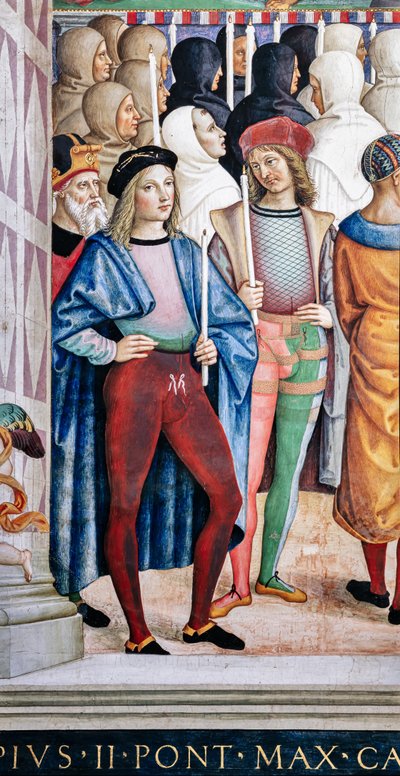 Knihovna Piccolomini, jihozápadní stěna: “ Pius II. svatořečí sv. Kateřinu Sienskou, 29. června od Bernardino di Betto Pinturicchio