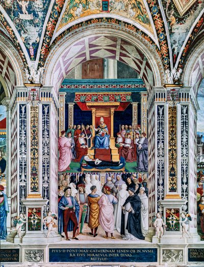 Knihovna Piccolomini, jihozápadní stěna: “ Pius II. svatořečí sv. Kateřinu Sienskou, 29. června od Bernardino di Betto Pinturicchio