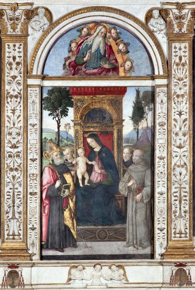 Panna s dítětem a svatý Augustin, svatý František a svatý Antonín Paduánský - Freska od Pinturicchia (Bernardino di Betto) (1454-1513) 1484-1492 Řím, Basilica di Santa Maria del Popolo (kostel Santa Maria del Popolo), kaple Basso della Rovere Itálie od Bernardino di Betto Pinturicchio