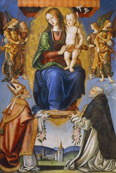 Madonna a dítě se svatým Severinem a Dominikem (tempera na plátně) od Bernardino di Mariotto