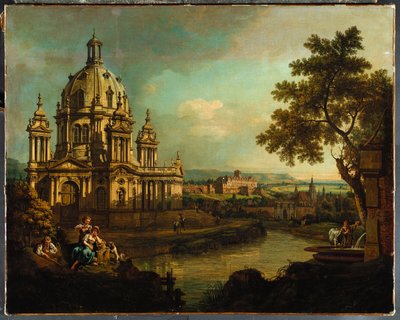 Capriccio s klenutým kostelem a budovami v Pirně, kolem roku 1765 od Bernardo Bellotto