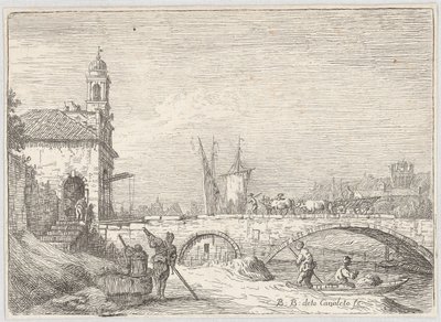 Capriccio s mostem a bránou ve stylu padovské Porta Portello od Bernardo Bellotto