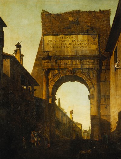 Titův oblouk v Římě se zdí a branou zahrad Farnese a dále chrámem Castora a Polluxa, dva turisté v popředí, od Bernardo Bellotto