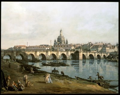 Pohled na Drážďany z pravé strany Labe, pod Augustusbruecke ... (malba na plátně) od Bernardo Bellotto