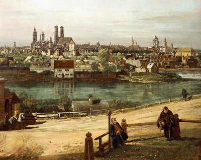 Pohled na Mnichov z Haidhausenu s řekou Isar uprostřed, detail od Bernardo Bellotto