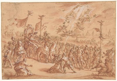Svatý biskup klečí vedle procesí římského imperátora od Bernardo Castello (attributed to)