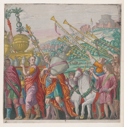 List 4: Muži nesoucí trofeje vlevo, trubači vpravo, z Triumph of Julius Ca..., 1599. od Bernardo Malpizzi