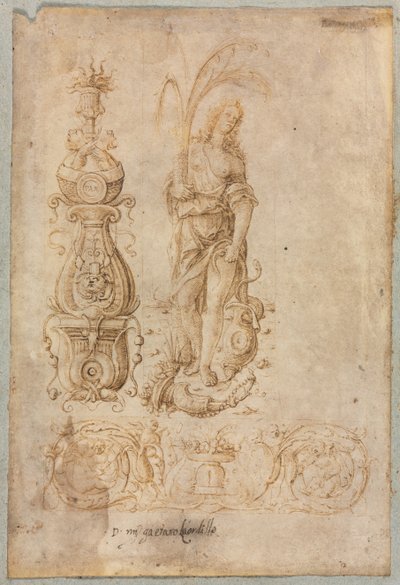 Design pro svícen, Alegorická postava hojnosti, Ornamental Relief Design, c. 90. léta 14. století. od Bernardo Parentino