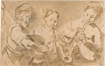 Tři hudebníci hrající na lesní rohy a píšťaly od Bernardo Strozzi