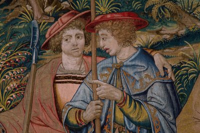 Vlámský gobelín. Seriál Založení Říma: Faustulus se setkává s Romulem a Remem. Karikaturista Barend van Orley (?). bruselská výroba. 1525-1530. Detail. od Bernart van (attr. to) Orley