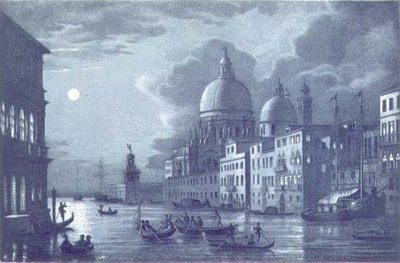Noční scéna Canal Grande a Santa Maria della Salute, Benátky, vyryto Brizeghelem (litho) od Berselli (after)