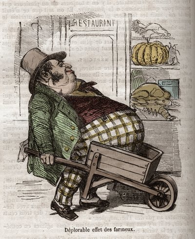 Obeite - Des Gourmands - žalostný efekt des floureux - rytina v „La Physiologie du gout““ od Jean Anthelme Brillat Savarin (Brillat-Savarin od Bertall