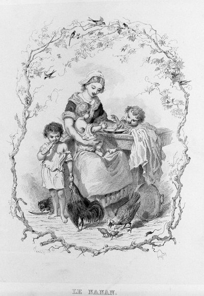 Nanan: mladá matka dává jídlo svým třem dětem ve filmu „La Physiologie du Gout“ od Brillata - Savarin ilustrovaného Bertalem. Paříž 1840. Jean Anthelme Brillat Savarin (Brillat-Savarin) (1755-1826) francouzský gastronom. od Bertall